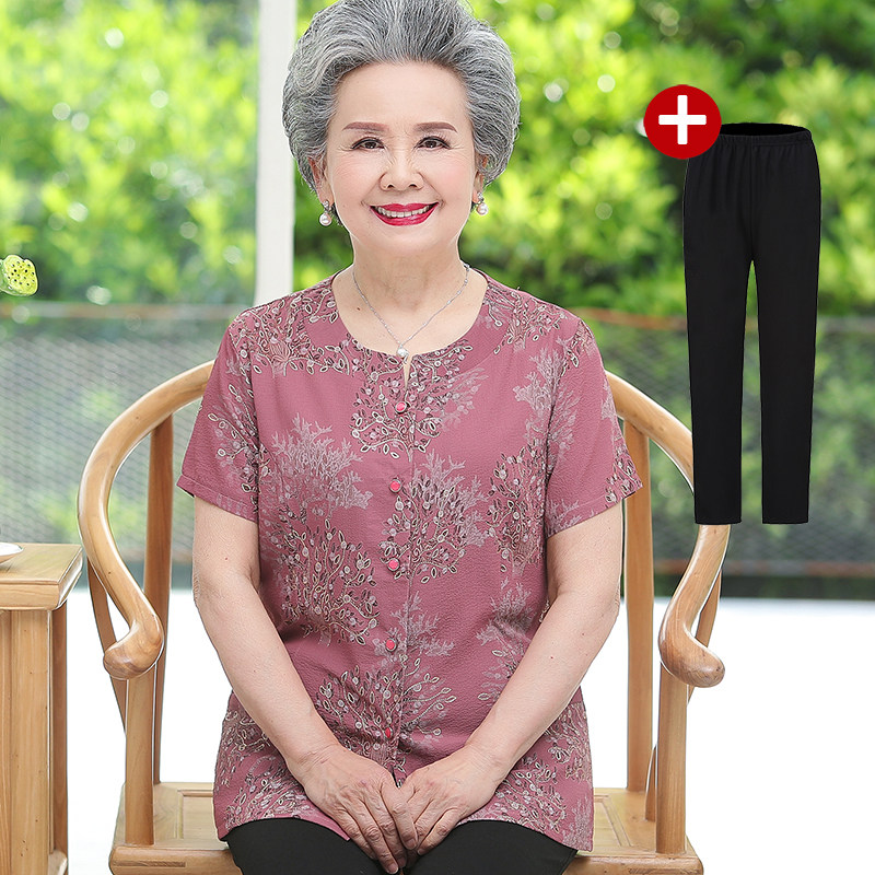 薄透气奶奶夏装短袖套装中老年人女装妈妈T恤两件套老人夏天衣服