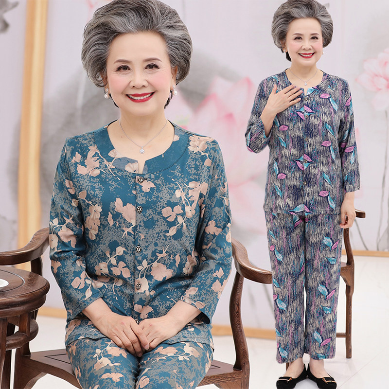 老太太夏装奶奶装套装中老年人夏装女t恤70岁80妈妈长袖棉绸衣服
