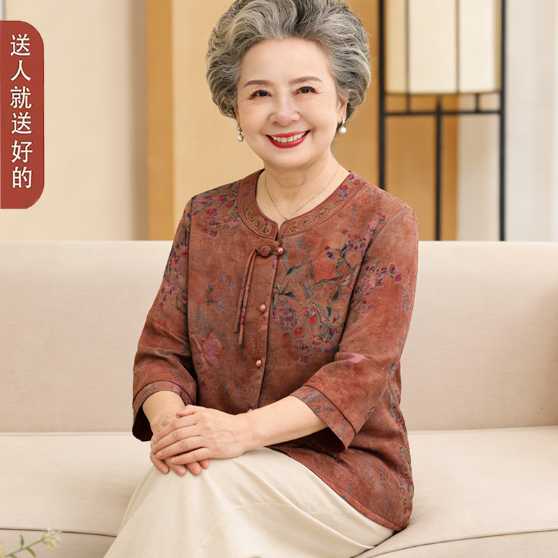 老人夏装女中国风七分袖衬衫