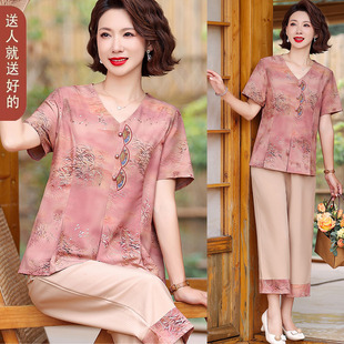 中老年妈妈国风夏装2025新款中式缎面仿真丝短袖奶奶夏季老人衣服