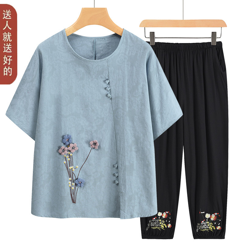 中老年人夏装女短袖纯棉T恤套装奶奶老人衣服国风套头上衣两件套