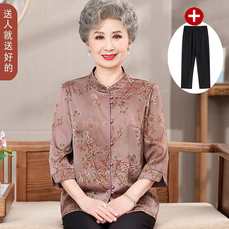 真丝奶奶装上衣70岁中老年女装妈妈夏装套装中袖衬衫老年人的衣服