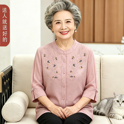 中老年女装夏装七分袖纯棉衬衫妈妈洋气单排扣上衣奶奶装春装套装