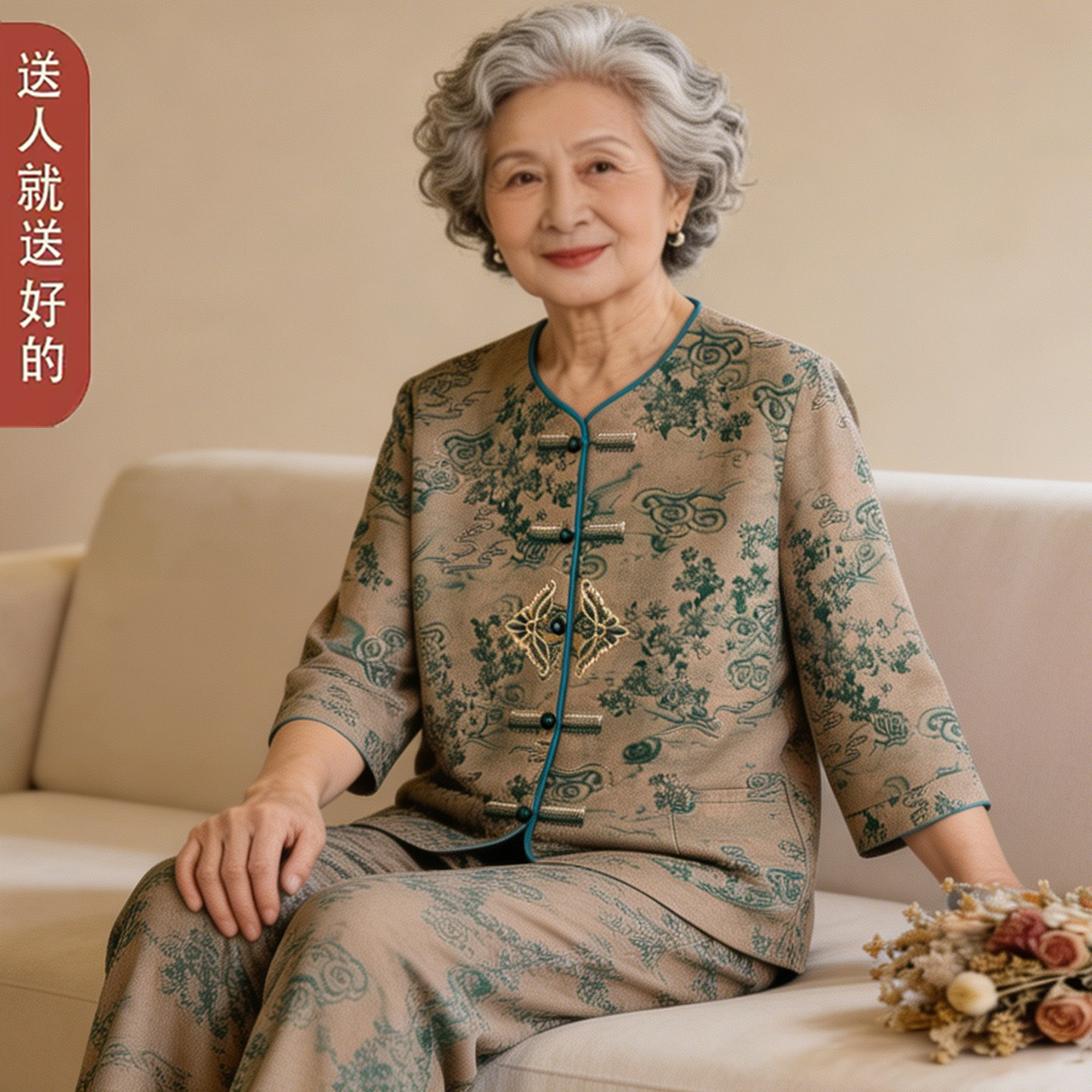 老年人女装夏季冰丝两件套
