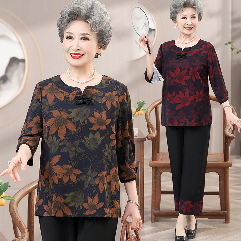 真丝妈妈长袖套装中老年女装新款70岁80老人衣服奶奶夏装上衣长裤