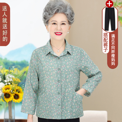 中老年全棉衬衫春秋季薄长袖上衣