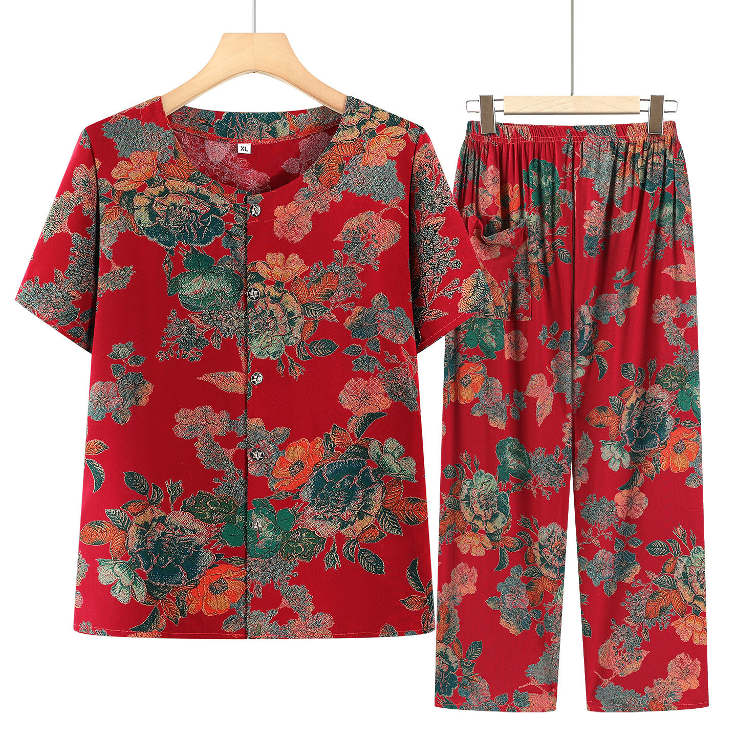 老年人夏装女套装棉绸短袖九分裤妈妈装老人两件套老太太夏天衣服