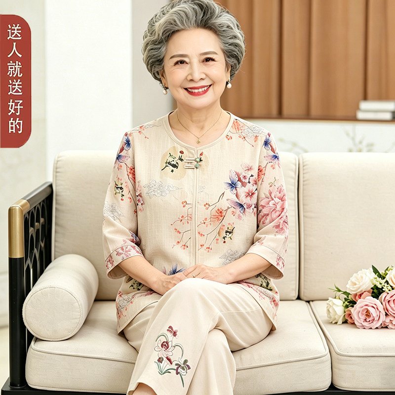 老年人夏装女60-70岁中国风套头中袖T恤上衣奶奶装套装老人衣服女