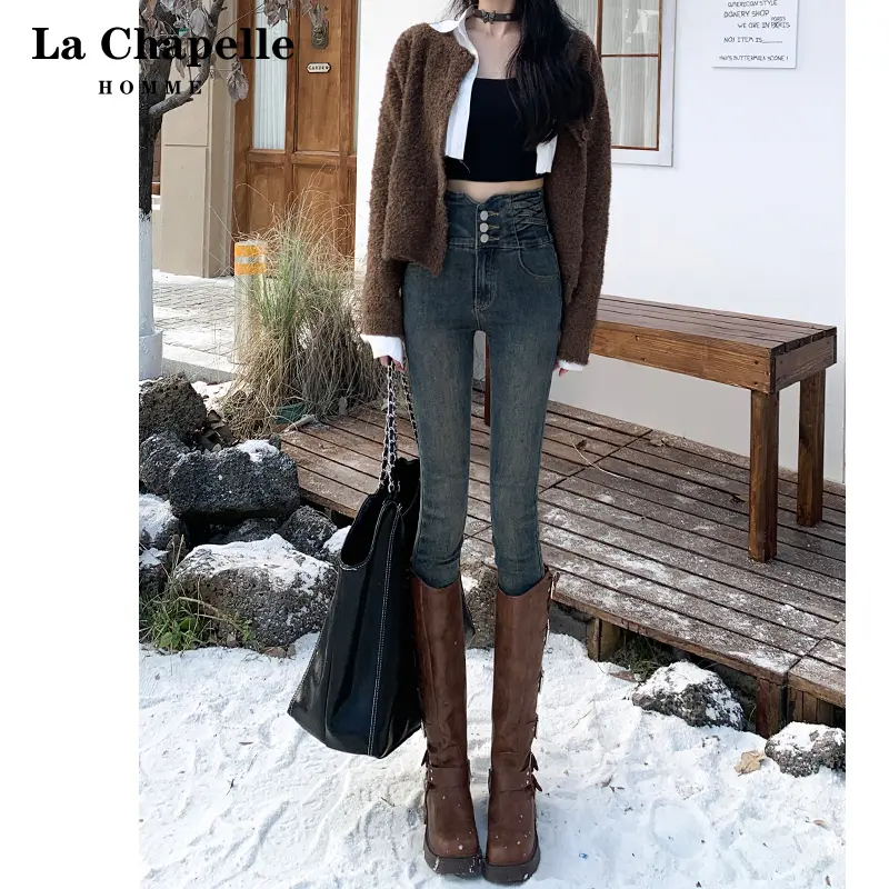 拉夏贝尔水泥灰牛仔裤女2025年秋季高腰设计感显瘦紧身小脚铅笔裤