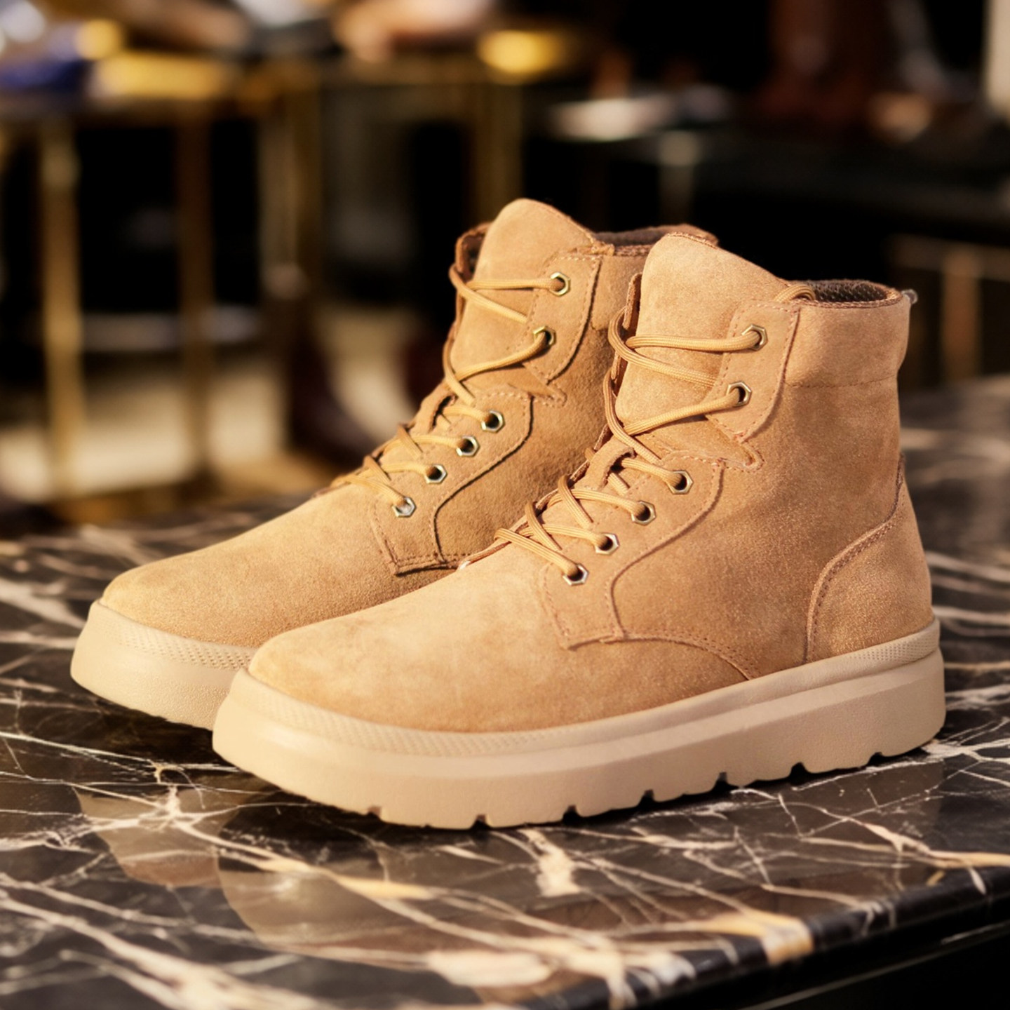 东北雪地靴男皮毛一体高帮冬季加绒加厚系带厚底马丁靴系带大棉鞋