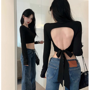 辣妹小心机黑色短款 2026新款 紧身上衣 T恤女秋季 性感露背绑带长袖