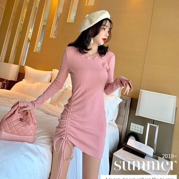 2026春装薄款小个子仙女裙子抽绳针织连衣裙收腰显瘦炸街包臀短裙