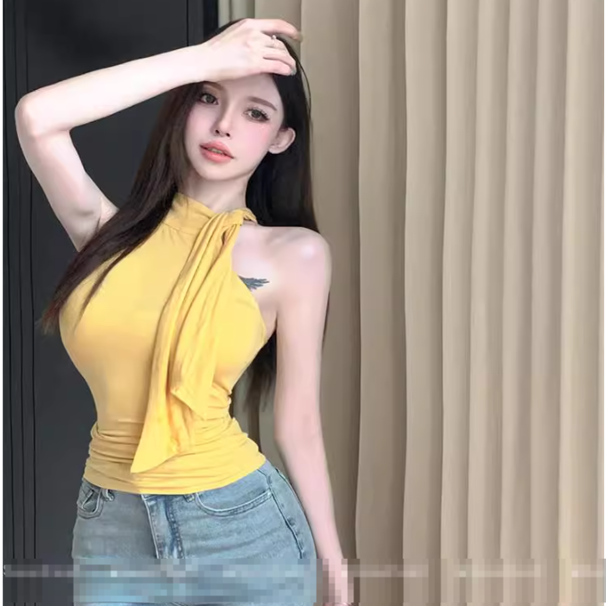 纯欲风～性感无袖高领挂脖背心女飘带外穿气质修身内搭蓝色上衣夏,女装/女士精品,背心吊带,淘宝优惠券,粉丝福利购,淘宝优惠卷