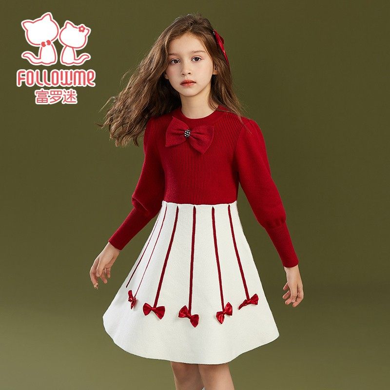 富罗迷女童公主裙2023新款秋冬红色针织裙女孩洋气时髦儿童连衣裙