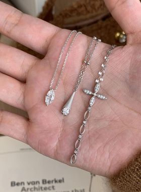 S925纯银十字架秋冬甜美叠戴毛衣链流苏马眼钻小蛮腰水滴锁骨链