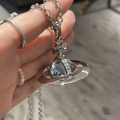 久不掉色土星orb冰蓝色星球项链925银锁骨链闪钻西太后小众星球