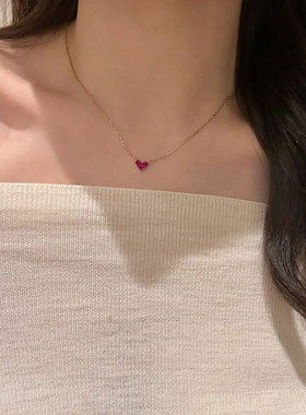 s925银～玫红色小爱心项链爱心红宝石锁骨链轻奢小众桃心吊坠气质