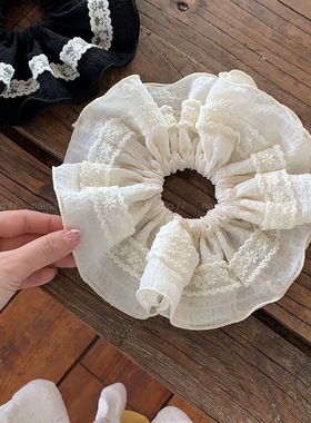 法式温柔蕾丝大肠发圈纱纱蕾丝超仙白色裙摆低丸子头马尾发绳女