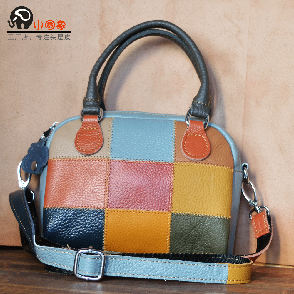 小圆象手提包撞色小休闲头层牛皮