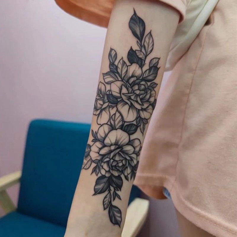 果汁线条月亮玫瑰素花纹身贴纸草本心形花朵锁骨腰部持久男女个性