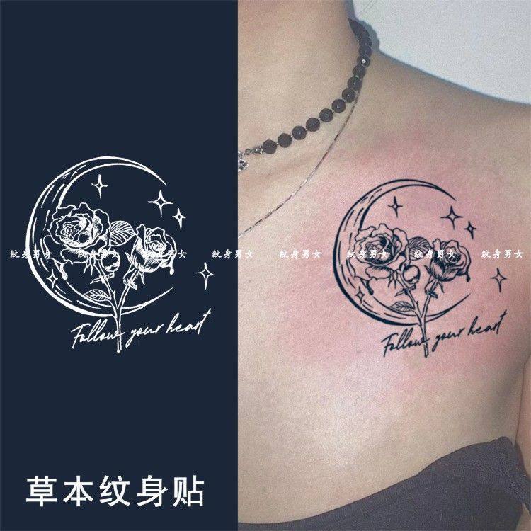 草本果汁玫瑰约了锁骨胸前线条玫瑰花 暗黑刺青防水持久女潮图案