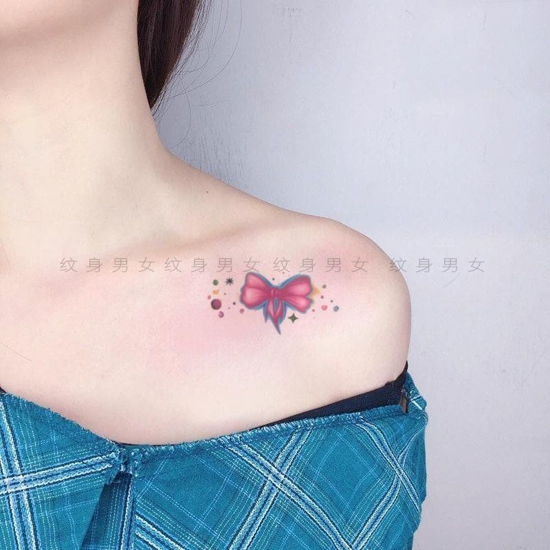 少女心蝴蝶结纹身贴防水持久韩国小清新可爱软妹逼真手上锁骨文身