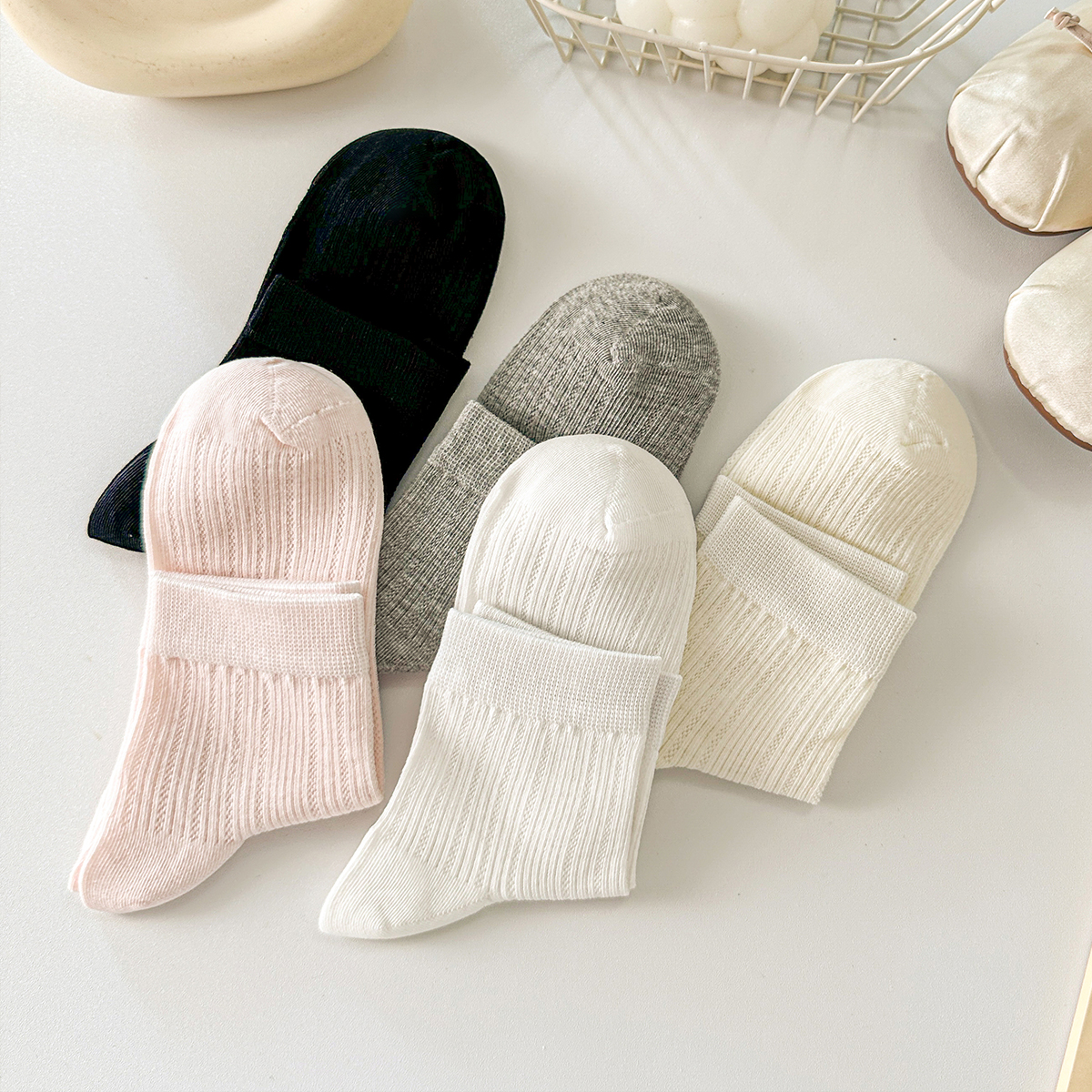 【无骨抗起球一体机】独立袋装纯色超薄纯棉袜子女夏季短中筒透气