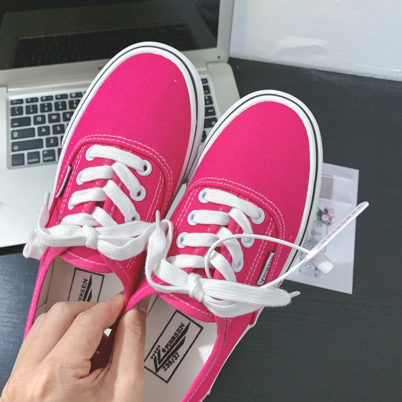 2024新款玫红色帆布鞋女夏季休闲宽松小众设计潮流梅红不夹脚板鞋