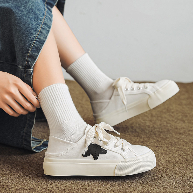 两穿踩脚帆布鞋女夏季半拖鞋休闲五角星透气圆头不夹脚休闲小白鞋