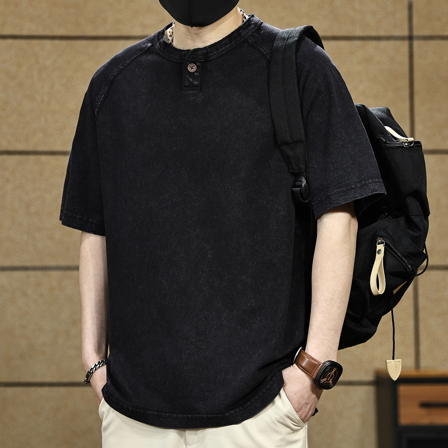 高端美式亨利领拼接短袖T恤男士夏季新款宽松休闲纯棉半袖上衣男