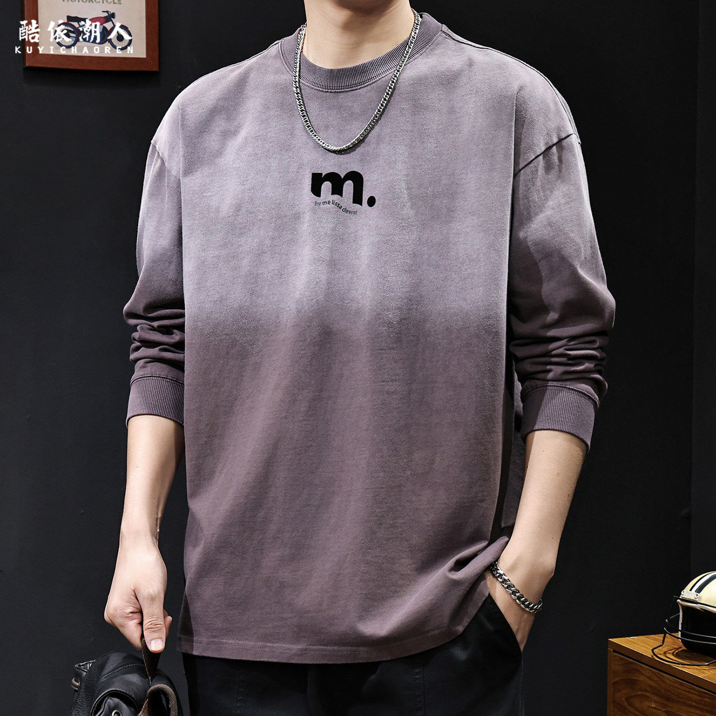 美式潮牌怀旧渐层纯棉长袖T恤男春秋季2026新款宽松大尺码重磅高