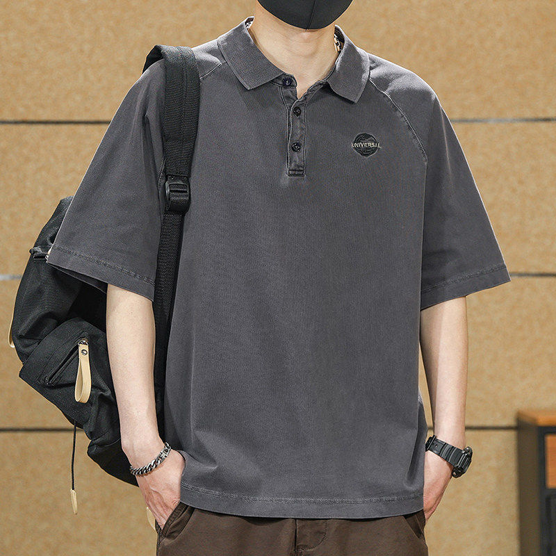 300g重磅短袖t恤男宽松翻领夏季复古水洗纯棉上衣潮流刺绣T恤衫