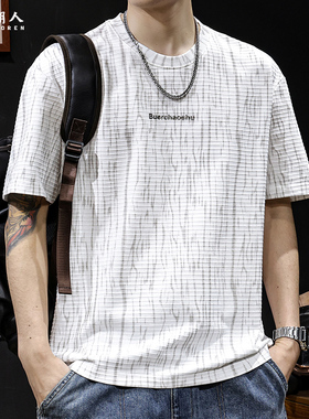 复古提花短袖t恤男士宽松大码夏季2026新款白色衣服男装潮牌体恤