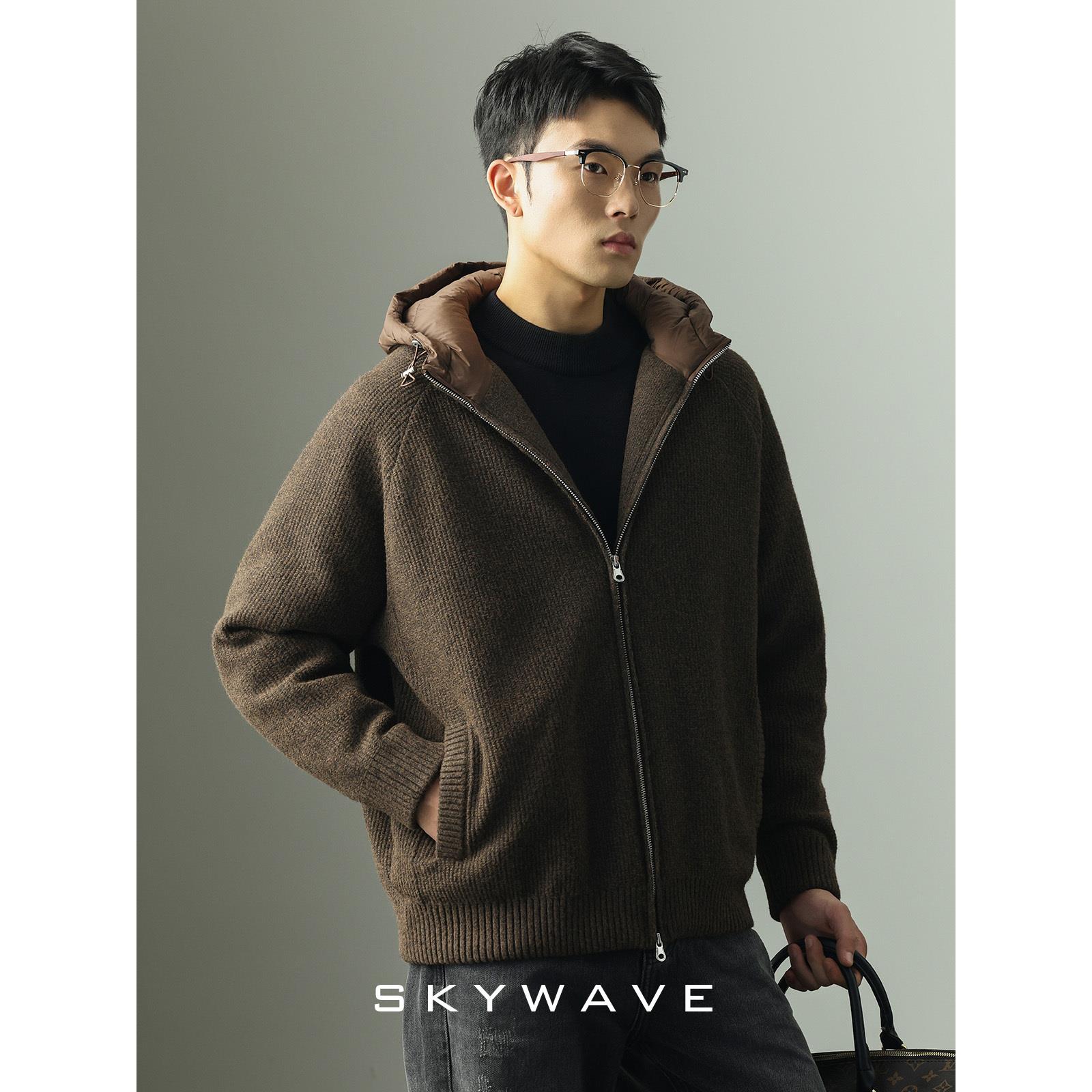 高端绵羊毛针织毛衣羽绒服男轻熟老钱风2025年冬季连帽90鸭绒外套