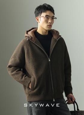 高端绵羊毛针织毛衣羽绒服男轻熟老钱风2025年冬季连帽90鸭绒外套