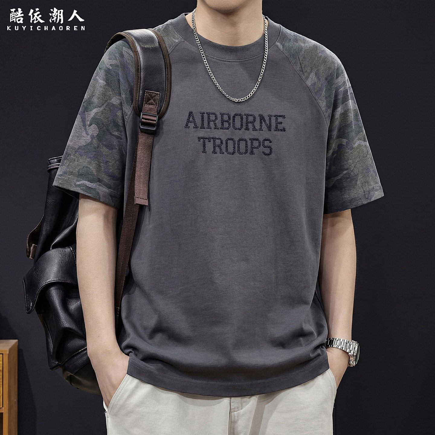 美式迷彩拼接短袖T恤男夏季2026新款宽松插肩袖刺绣透气衣服体恤