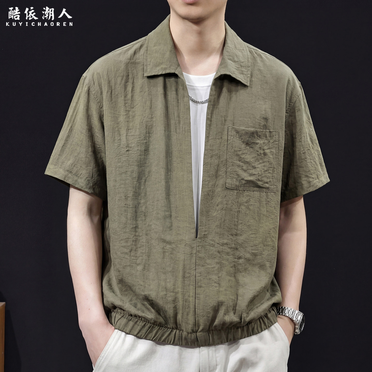 假两件翻领亚麻混纺短袖T恤男夏季宽松大码透气休闲老钱通勤极简