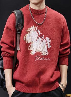 新年红色本命年2025新款印花圆领毛衣男潮牌慵懒风套头针织衫大码