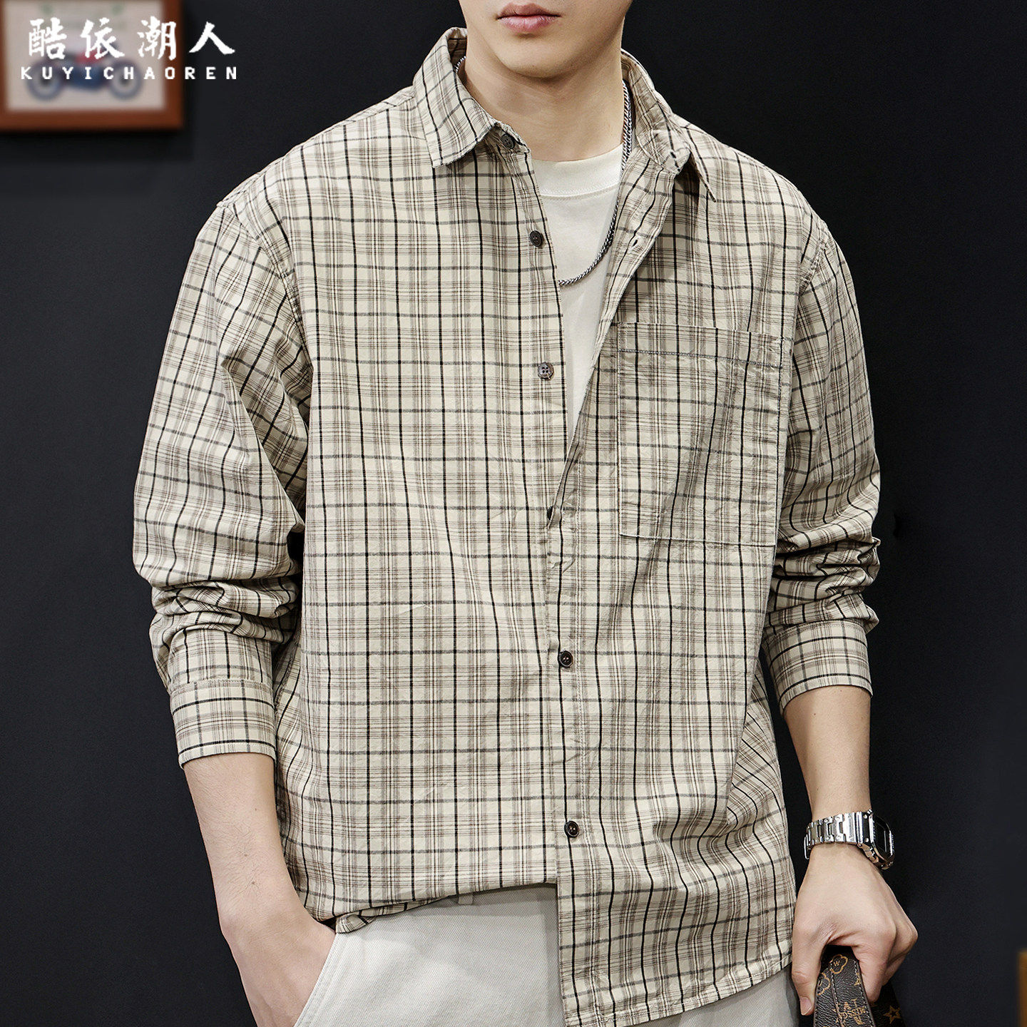美式格子衬衫男长袖春夏季2026新款宽松大码百搭衬衣开衫外套简约