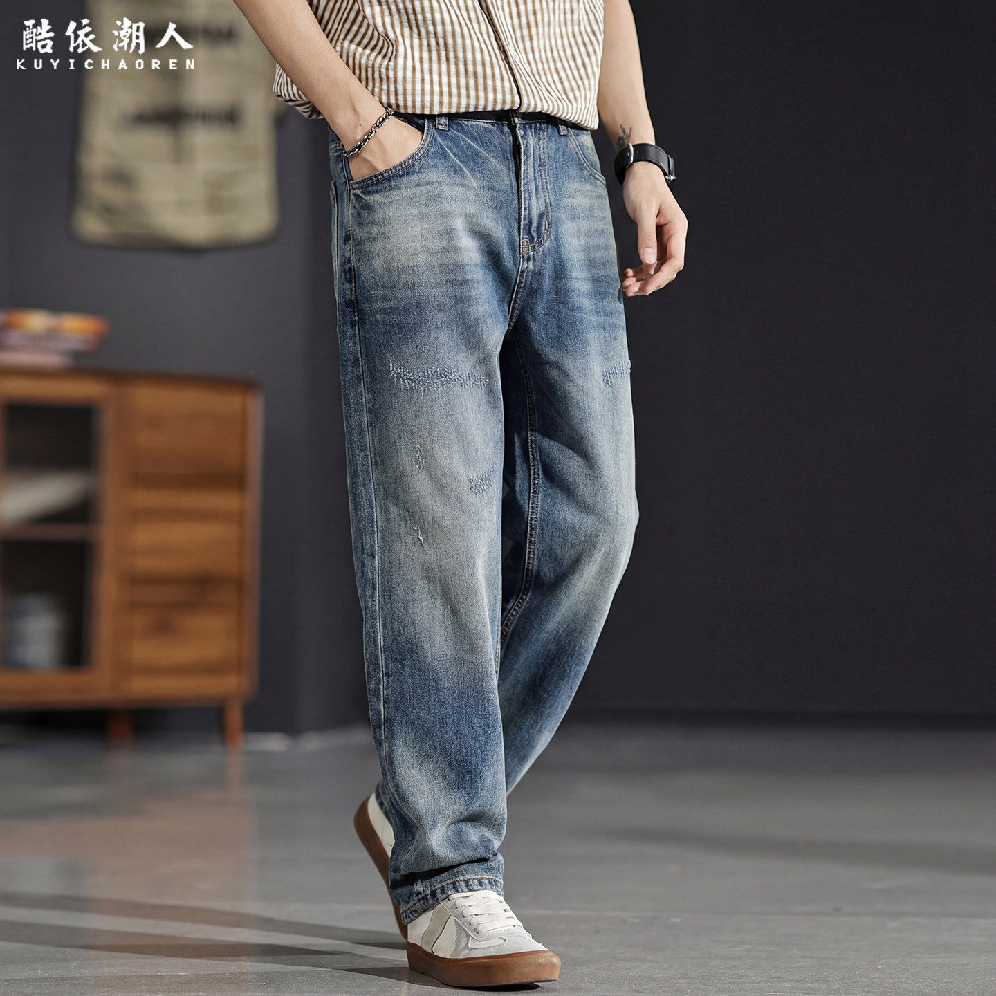 浅蓝色直筒牛仔裤男宽松2026新款春季长裤子潮流百搭大码