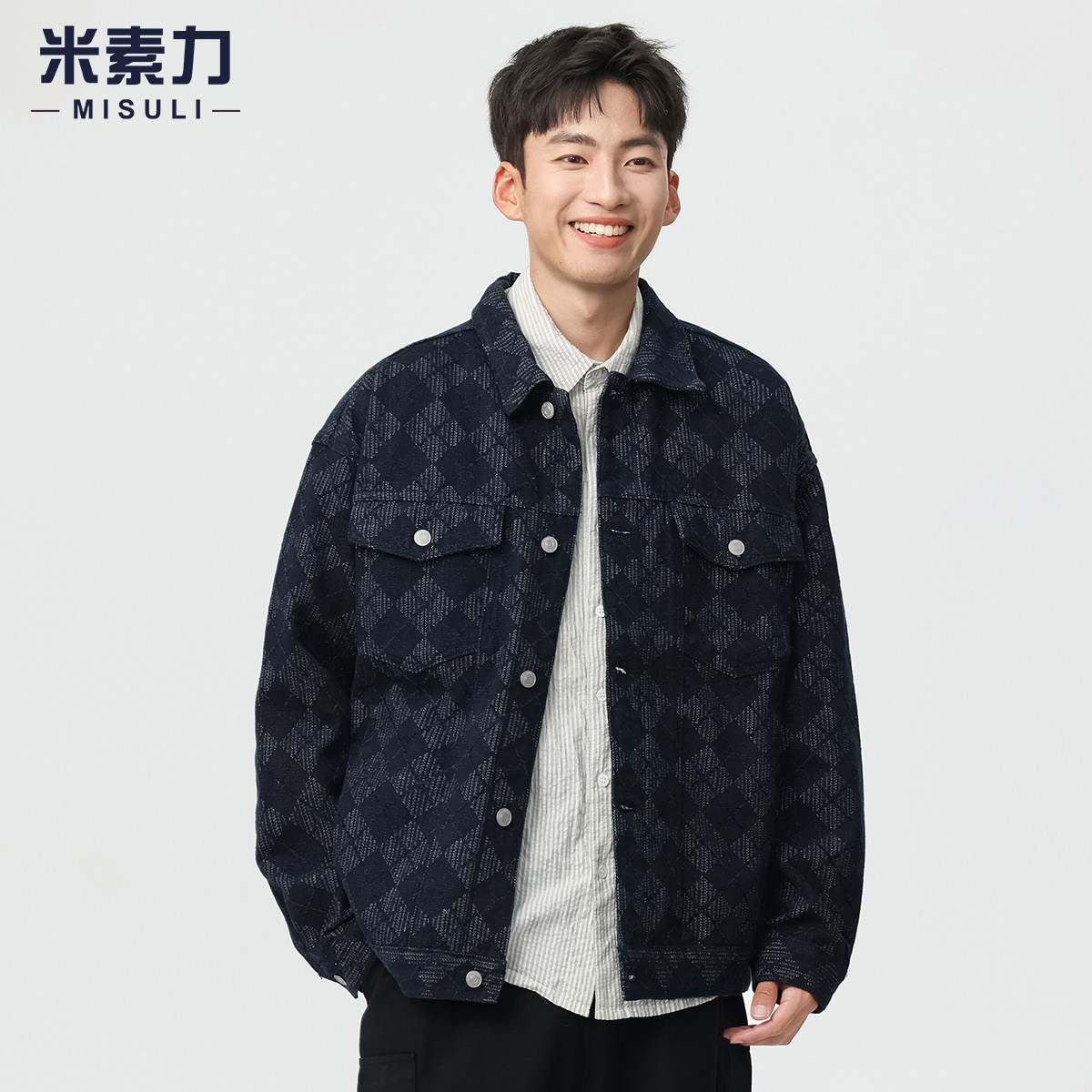 春秋新款格子衬衫外套男ins潮牌高级感提花牛仔上衣加绒外搭开衫