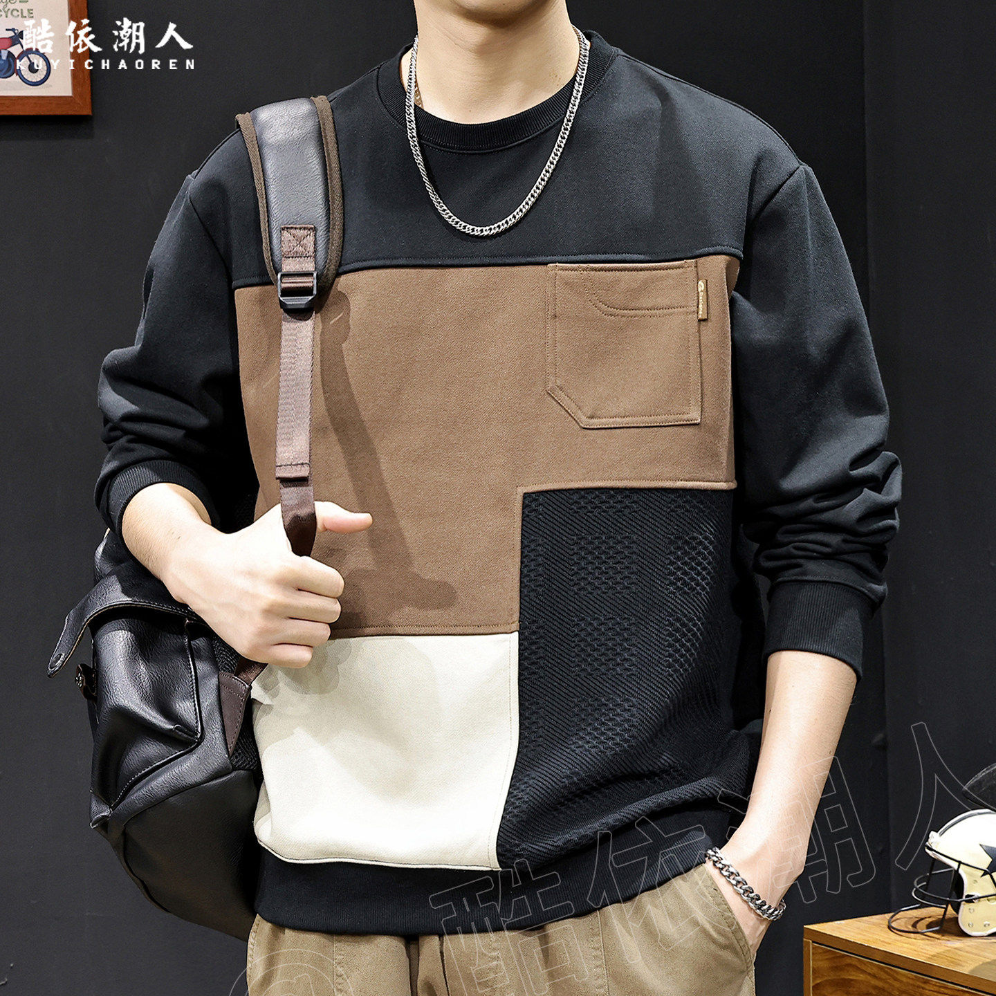美式复古撞色拼接厚T恤男士春季2026新款重磅宽松长袖大尺码
