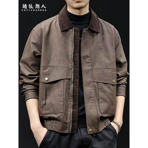 2025新款软皮衣男士休闲外套短款春秋时尚翻领大码复古巴恩风夹克