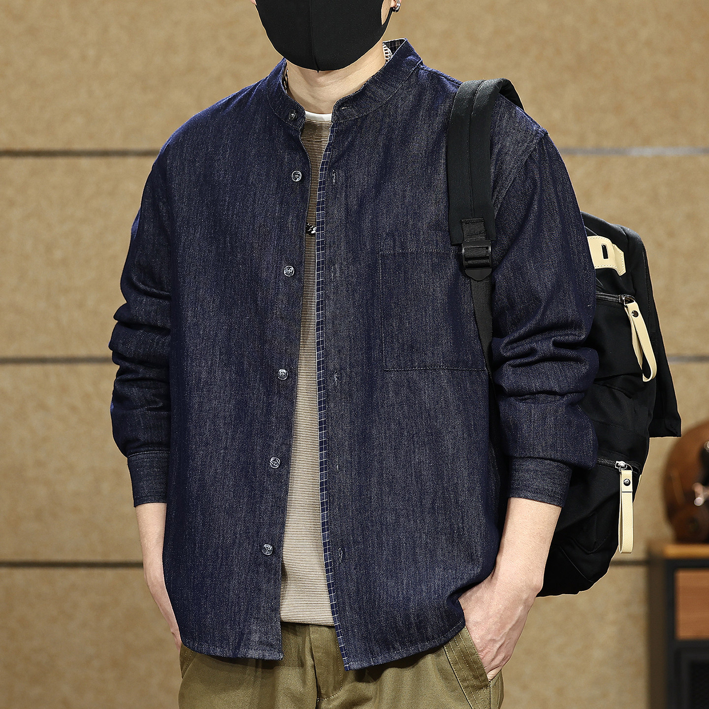 美式复古老钱风立领丹宁牛仔衬衫男士秋季松弛感拼接休闲衬衣外套