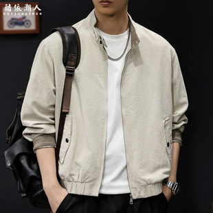 酷依潮人老钱风立领亚麻混纺夹克男春季美式复古工装外套