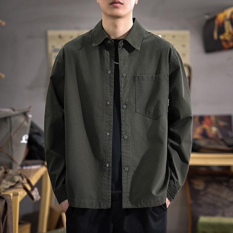 高级感美式复古工装长袖衬衫男春季2026新款潮牌纯棉休闲衬衣外套