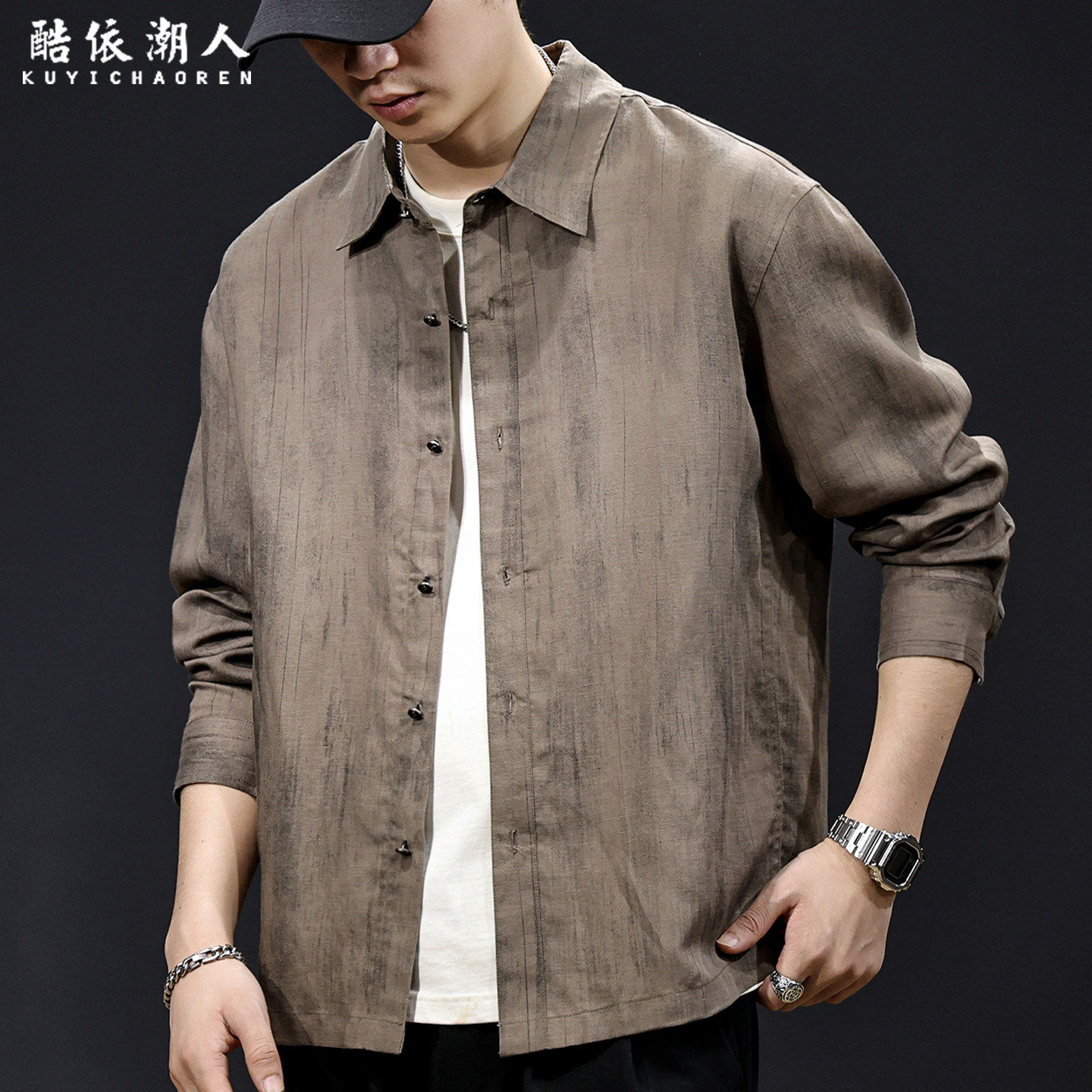 复古做旧老钱风亚麻长袖衬衫男宽松休闲衬衣春季新款