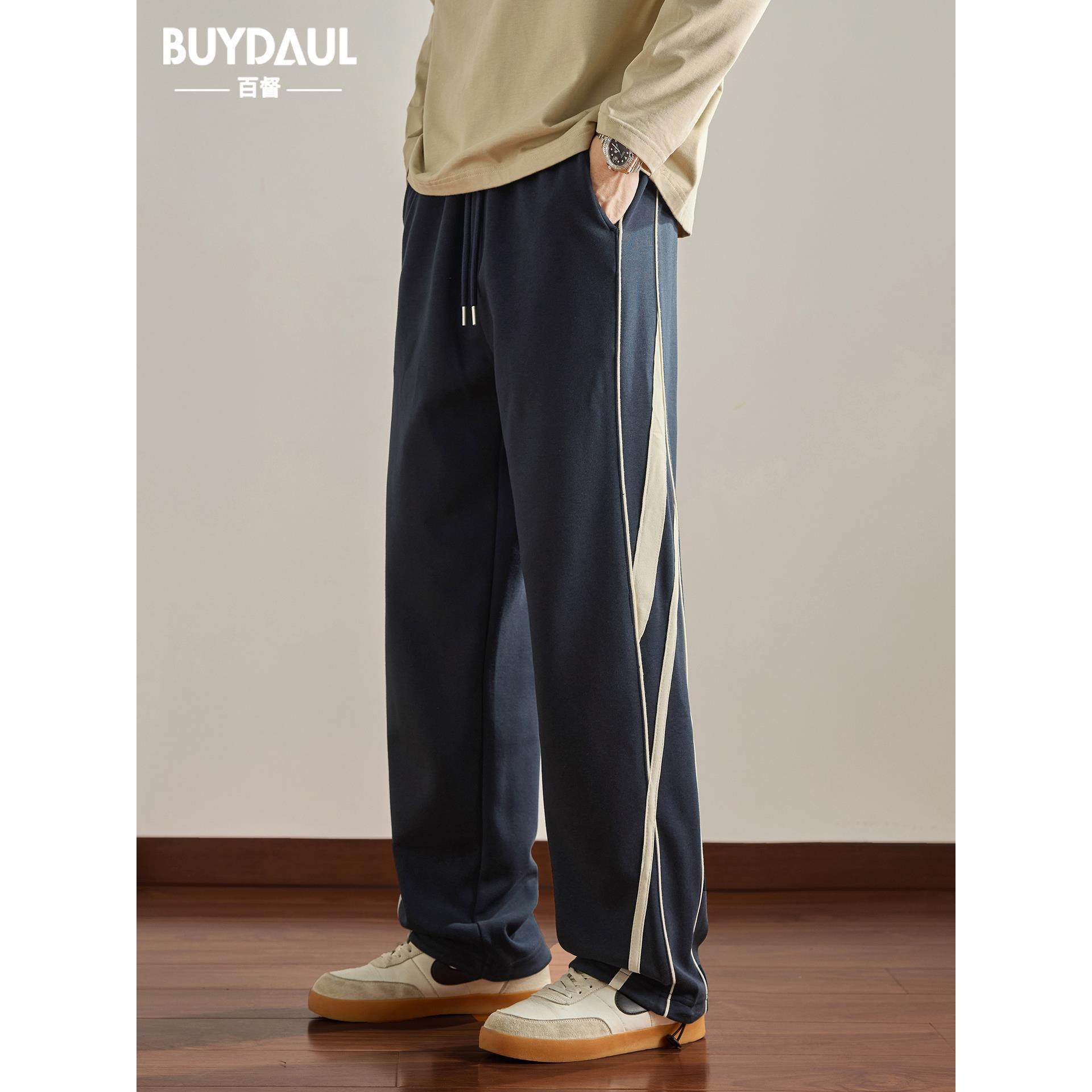 设计感条纹拼接运动卫裤男士宽松直筒裤秋冬季新款加绒加厚休闲裤