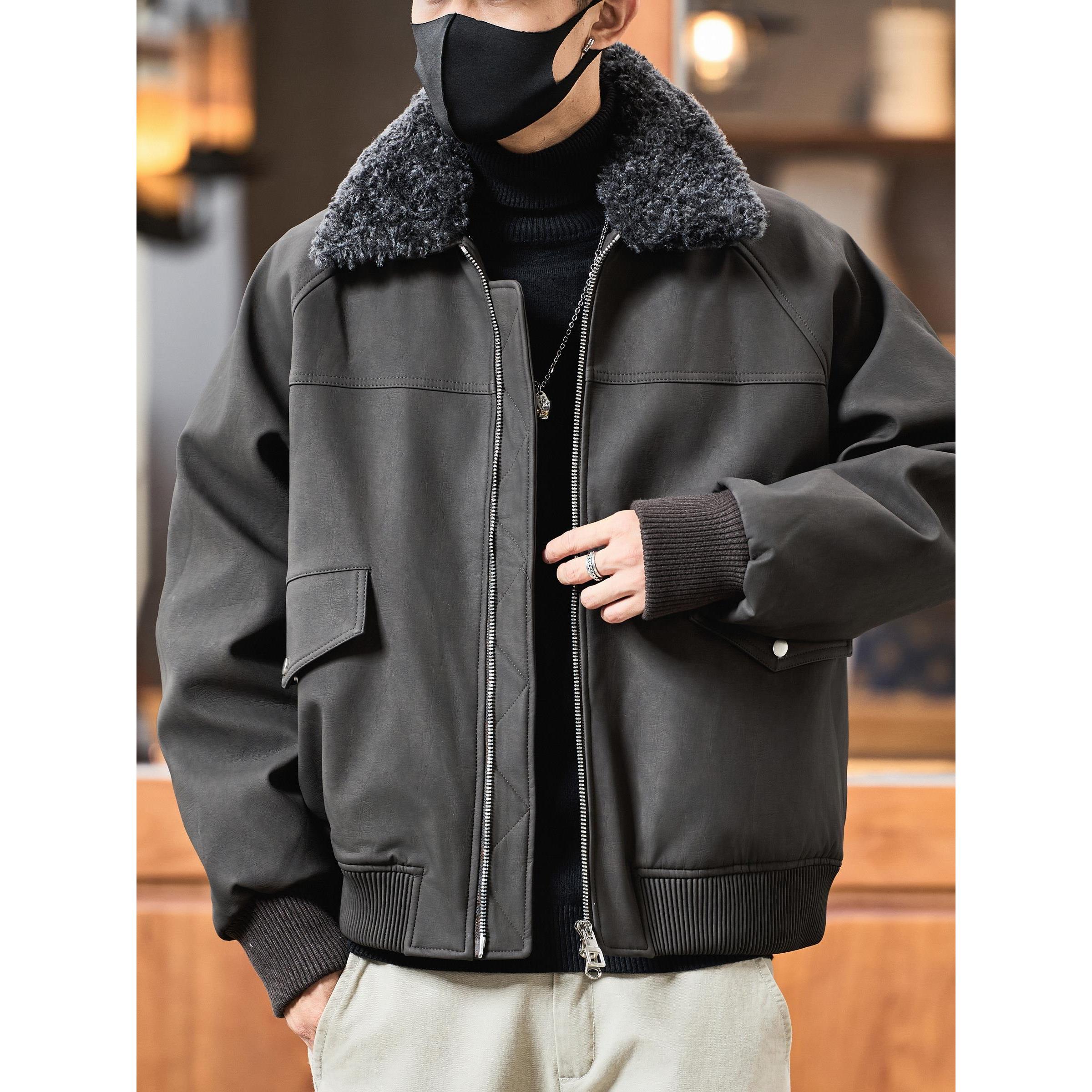 PU皮羽绒服男士2025冬季新款加厚皮夹克羊羔毛领羽绒复古外套男装