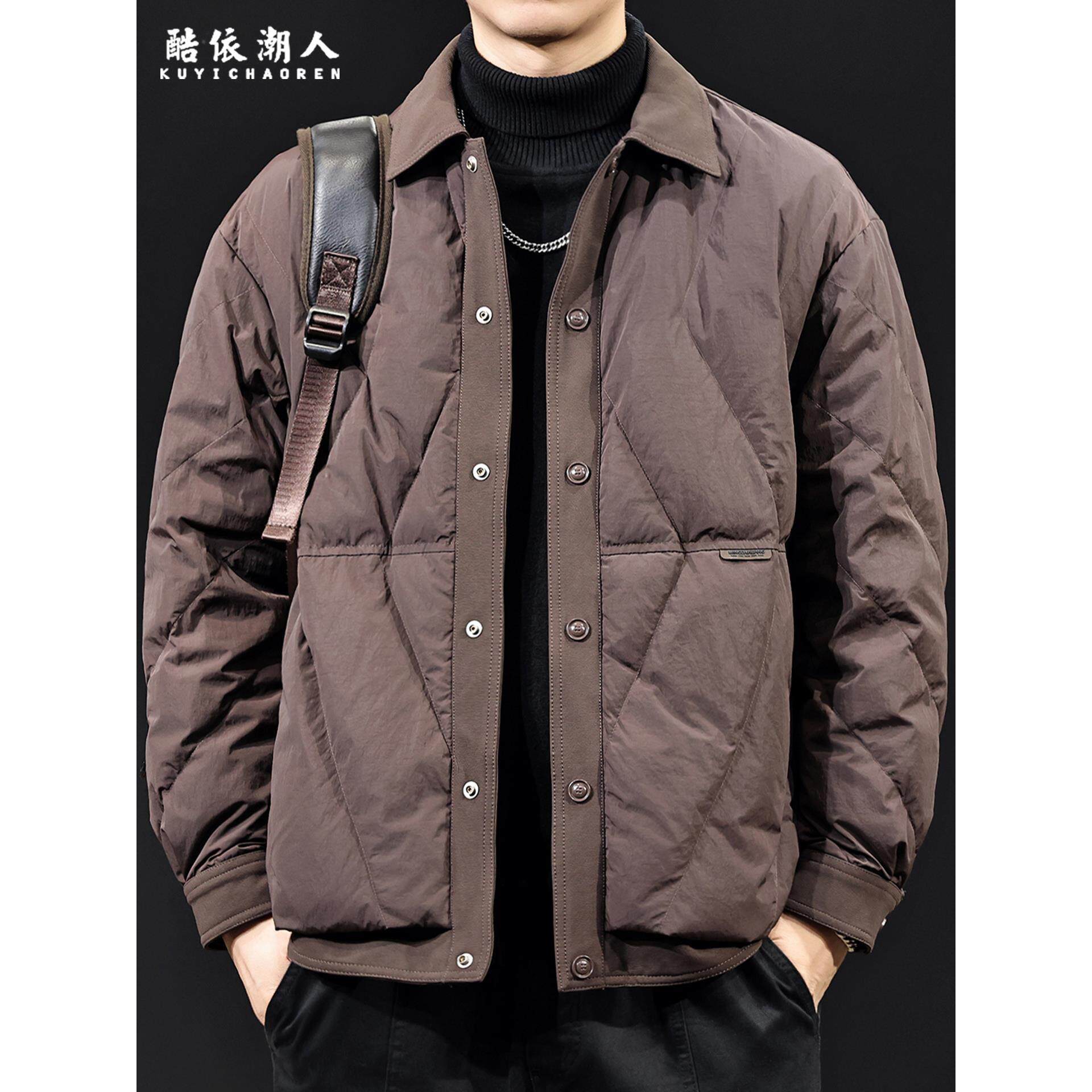 2026新款羽绒服男士外套秋冬潮牌翻领拼接轻薄白鸭绒美式复古大码